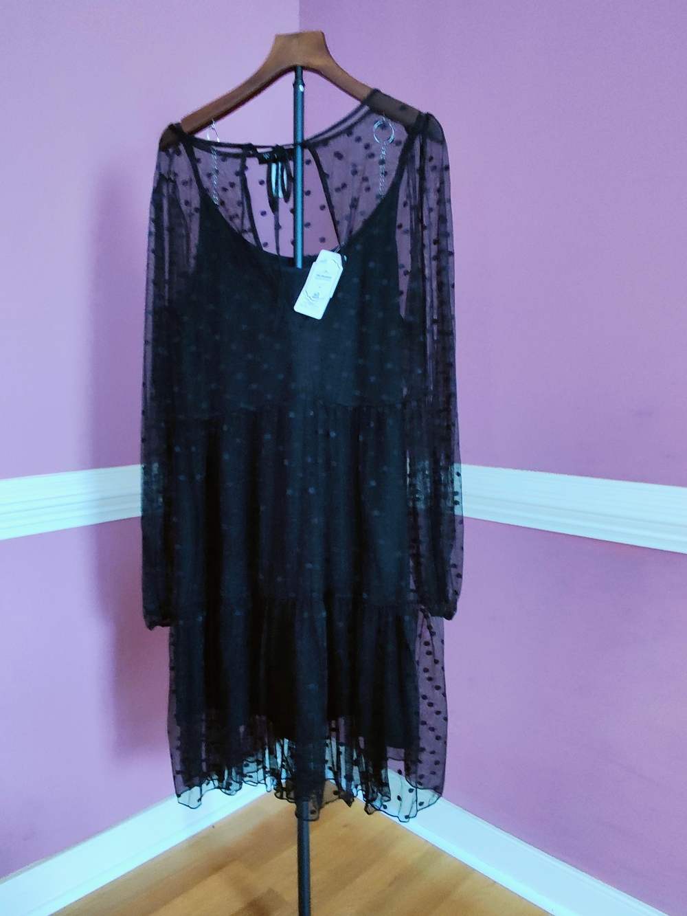 Black Sheer Polka-Dot Tiered Long-Sleeve Mini Dress